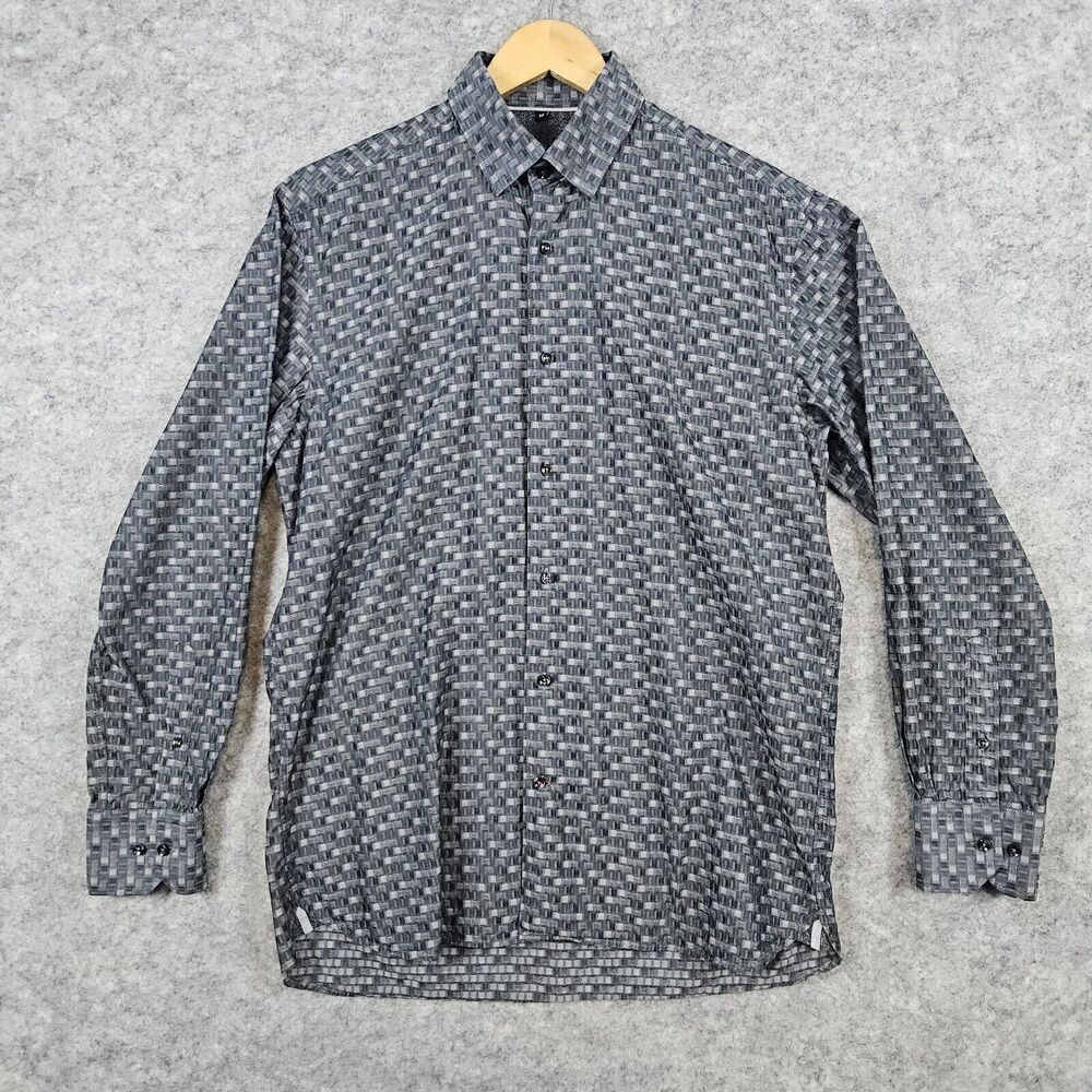 Visconti Black Men's Gray Weave-Print Size M Dress Shirt 100% Cotton Embroidered